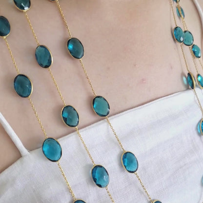 Natural Blue Apatite Triple Layer Bezel Necklace