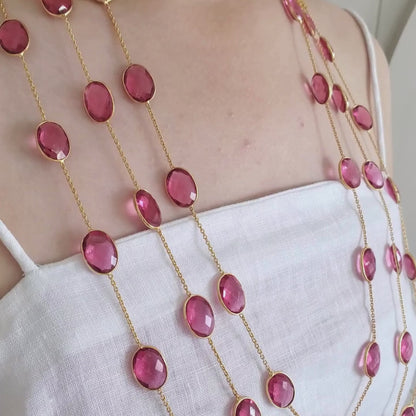 Pink Ruby Tourmaline Natural Stone Triple Layer Bezel Necklace