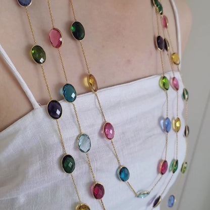 Multi Stone Semi precious Triple Layer Bezel Necklace